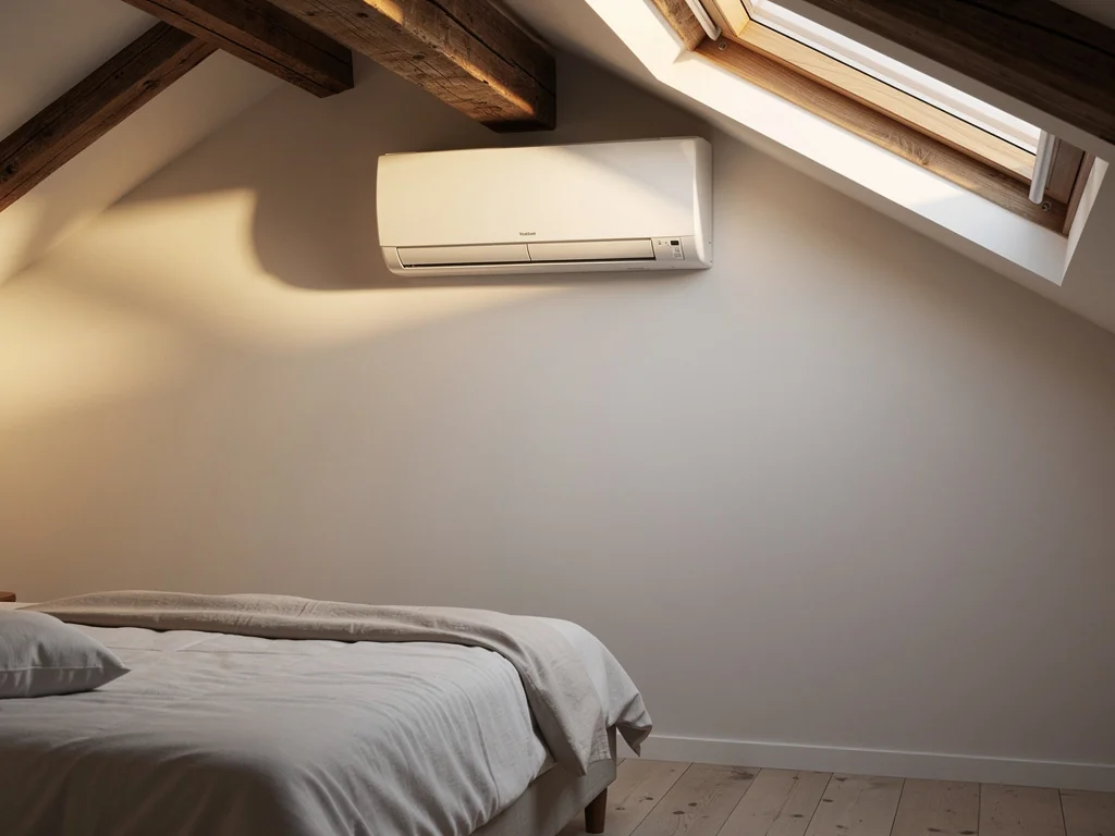 Unité intérieure de climatisation fixée sur un mur mansardé de chambre sous combles